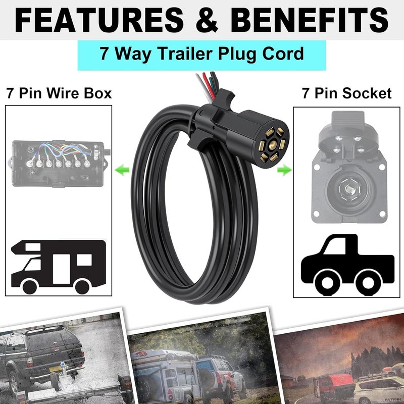 CXTM 7 Way Trailer Cord, Heavy Duty 7 Way Trailer Plug Inline Cord Wire Harness Cable Double Prongs Connector 7 pin Trailer Wiring Harness 8 Feet for Camper Blade Molded RV Cable Wire(8ft) - Image 2